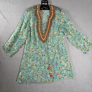 Taj By Sabrina Crippa Silk Tunic Top Women's XL Sheer Blue Sequin Collar Lace Up